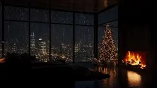 Rain NYC Apartment Ambience 🌧️| Cozy Christmas Crackling Fire & Gentle Rain | Deep Sleep, Focus