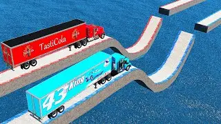Mack Truck vs Dinoco Truck Crossing Wave Bridge Crossing - BeamNG.Drive