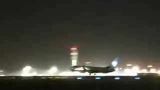 The plane lands at night on Airport