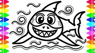 Great White Shark Coloring Page for Kids with Colored Markers /Learn how to Draw Cartoon Shark