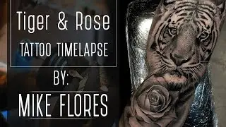 Tattoo time lapse Realistic Rose and Tiger - tattoo by Mike Flores