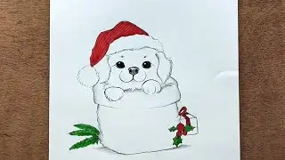 Happy Christmas 🎄🎁 | How To Draw Cute puppy wear santa claus cap | cute puppy drawing 