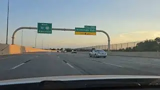 Driving I-40 westbound in Oklahoma City during sunset