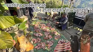 Cutting pork meat in village environment life style 