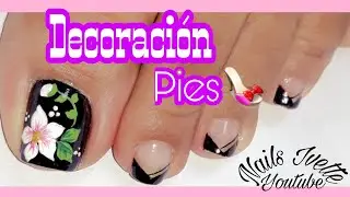 Diseño de uñas para pies en negro/ decoración de uñas para pies flor/uñas paso a paso