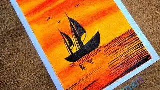 Wax Crayon Sunset Drawing | Easy Sailboat Art for Beginners