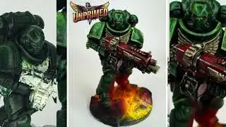 Warhammer Dark Angels painting process and recipe using glazing and OSL with an airbrush.