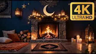12H Ramadan Night Fireplace 4K 🌙 Lantern Light & Peaceful Crackling Fire (No Music)