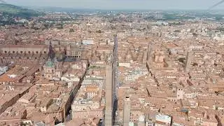 Bologna, Italy. Old Town. Two Towers. (Le due Torri) Garisenda and degli Asinelli. Towers from th...