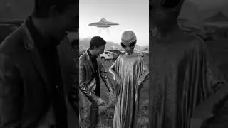 Reporter & Gray Alien First‑Contact Dance on Stadium Lot (Retro Saucer)