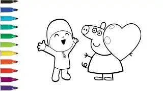 Cute Peppa Pig with Heart 💖 & Pocoyo Drawing | Easy Coloring Page for Kids and Toddlers 🎨