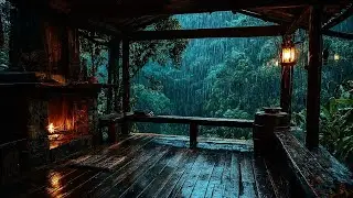Warm Cabin Escape | Jungle Rain, Fire Crackling, and Distant Storm | Peaceful Sleep Sounds