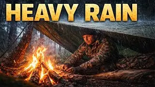 Survival Bushcraft Skills: Tarp Shelter, Fish Catch, and Forest Fire in the Rain