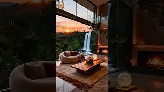 Rainforest Jazz at Sunset 🌿 Fireplace, Birds & Gentle Waterfall Sounds #shorts #luxuryambience