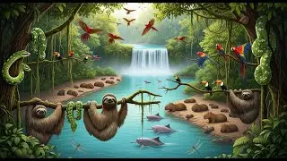 Relaxing Walk in the Amazon: Ancient Waterfall | Sloth, Tree Boa & Jungle Echoes