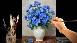 🎨 Painting Blue Daisy Flowers in a White Vase | Relaxing Acrylic Still Life Tutorial| #156