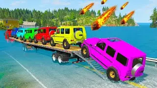 Triple Flatbed Trailer McQueen Transportation with Truck - Speedbumps vs Cars vs Train - BeamNG # 5