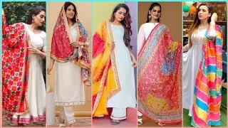 😍white suit with colourful dupatta design// white with contrast dupatta design 🥰 #contrastdupatta