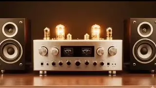 1970s analog audio listening room designed as an artistic poster composition, featuring a vintage 