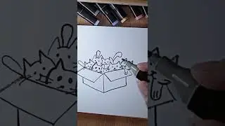 easy drawing cats in a box in 1 minute. #shorts #drawing #art