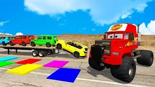 Triple Flatbed Trailer McQueen Transportation with Truck - Speedbumps vs Cars vs Train - BeamNG #20