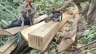 Expertise in making Beautiful wooden board size 2.5cm &times; 20cm &times; 300cm Using a Chainsaw