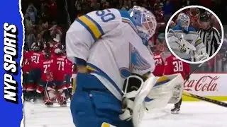 Blues goalie Jordan Binnington tries to STEAL puck from Alex Ovechkin&rsquo;s historic 900th goal!