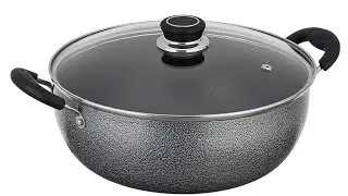 Amazon Brand - Solimo - NON STICK KADHAI WITH GLASS LID (26 CM, HAMMERTONE FINISH, 3 COAT) |Black