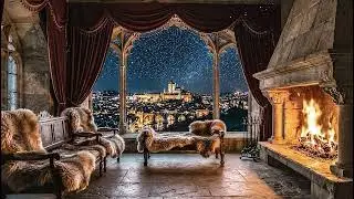 Dark Medieval Castle Night Ambience 🌙 Fireplace & City Lights (No Music) - 1 Hour