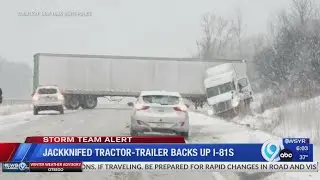 Jackknifed tractor-trailer backs up I-81 in LaFayette