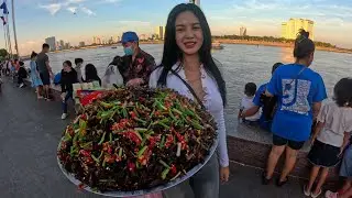 Best Cambodian Street Food | Walking Tour 4K - Beautiful Girl Selling Fried Crickets at Riverside