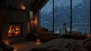 (No Ads) Gentle Fireplace Fire with Distant Winter Wind | Relaxing Night Ambience