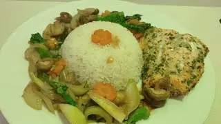 ผัดผักเห็ดแซลมอน อาหารจานเดียวแสนอร่อย😋👍