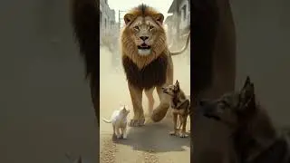 A Giant Lion Saves an Innocent Cat from a Wild Dog #viral #cat #lion #dog