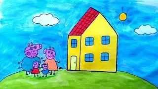 Peppa pig family with house drawing easy for kids