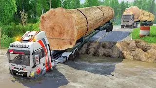 GIANT Log Transport Truck Takes on the IMPOSSIBLE River Challenge