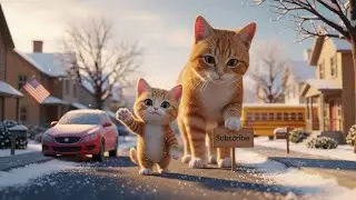 Mama Cat and Kitten See Their First Snow on a Quiet US Street