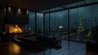 Dark Rainy London Night | Soothing Rain on Window & Fireplace Sounds