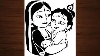 Janmastami Special Drawing,easy line art bal krishna,Bal krishna with his mother,how to draw Krishna