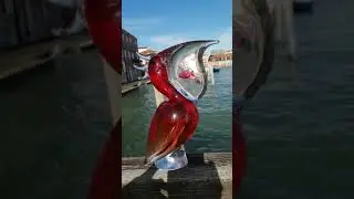 Original Murano Glass handmade RED PELICAN WITH FISH