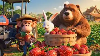 Monkey Day on the Farm Farmer Drives Tractor & Harvests Strawberries | Funny Farm Cartoon