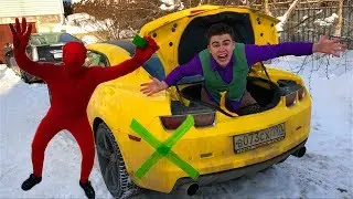 Red Man found Scotch Tape VS Mr. Joe in Trunk Car & Started Funny Race on Chevy Camaro for Kids