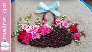Вышивка лентами * Корзина с розами *мини вышивка #malina_gm