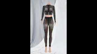 Plus size early autumn rhinestone decor mesh zip-up see through sexy stretch tight DA001052
