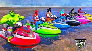 SPIDERMAN vs SUPERHEROES Jet Ski Racing Challenge on Beach Water, DC HEROES RUNNING CHALLENGE -GTA 5