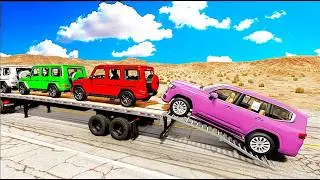 Four Trucks Transporting cars with Flatbed Trailers | Cars vs Speedbump vs Train vs Pothole #012