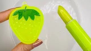ASMR Makeup Slime! Coloring Slime with Neon Green💚lipstick💄& Strawberry🍓Lip Balm!Satisfying Video