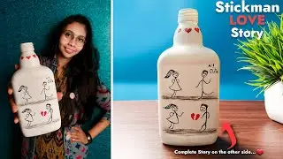 Stickman Love Story Bottle Art | Cartoon Bottle Painting | Easy Valentine Day Gift | Bottle Art