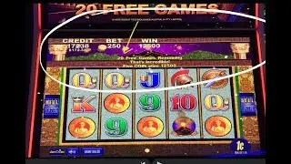 Huge line hit on Pompeii! Then it&rsquo;s a 5 coin trigger for 20 free games!!!