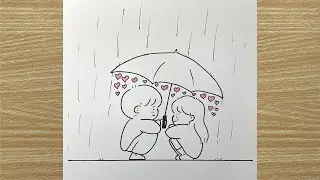 Cute Couple Drawing in the Rain ☔💕 | Easy Line Art for Beginners
